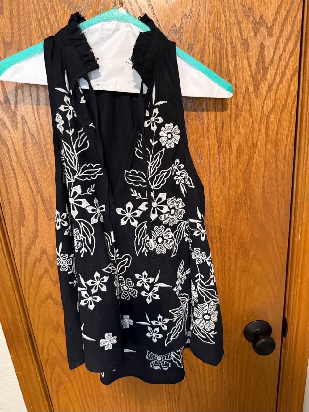 Pilcro Black Top with White embroidered Detail